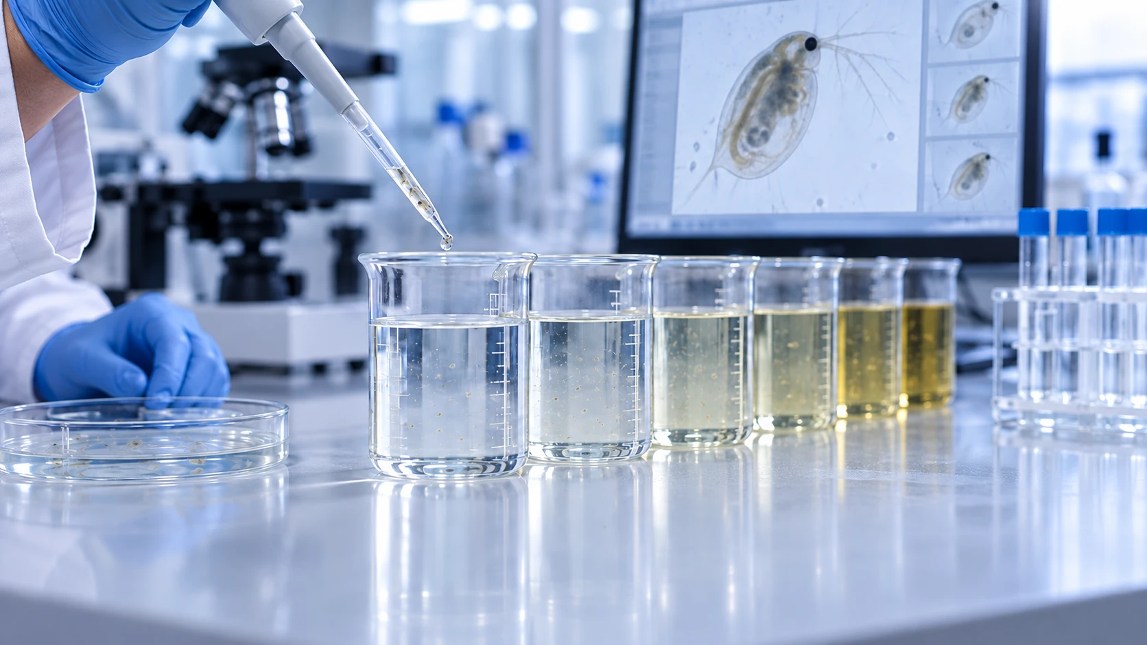 물벼룩(Daphnia) 생태독성 평가 - 농도별 시험용액 희석 및 현미경 관찰