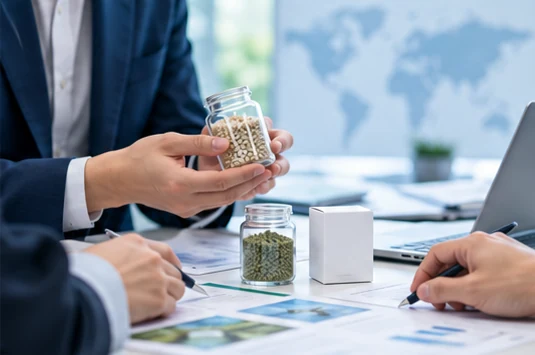 A discussion of seaweed-based products in front of a world map
